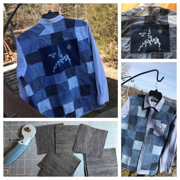 Patchwork Jean Jacket, Men's Size XXL: Upcycled Table Rock Lake Denim Shirt - Picture 13 of 13